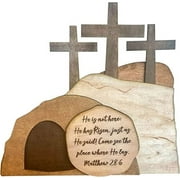 Easter Resurrection Scene | Empty Tomb | He Is Risen | Christian Decorations | Wooden Tabletop Centerpieces Crosses on Top of Rock Signs Christian Easter Decor for Jesus Easter Home Table Decor